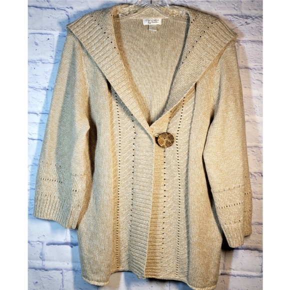 Christopher & Banks Knit Tan Cardigan Sweater Size XL Single Button Large Collar - Picture 1 of 11